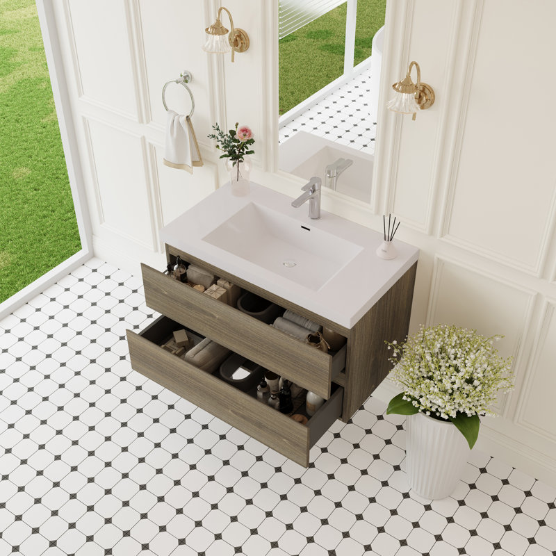 Meuble-lavabo flottant avec lavabo, solution de rangement mural pour salle de bain moderne, avec tiroirs à fermeture en douceur et comptoir de qualité supérieure