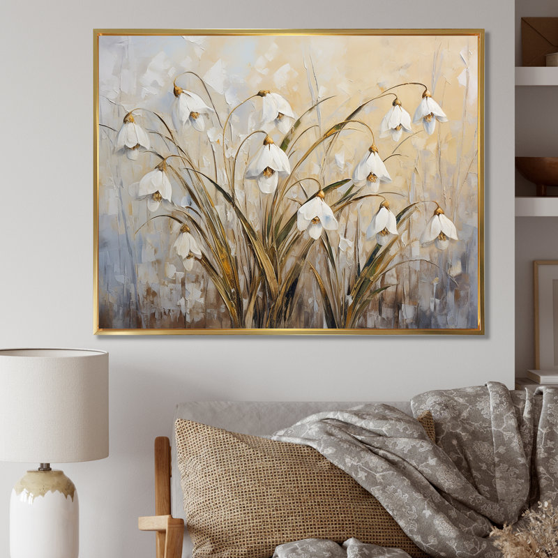Minimalisme «Snowdrop Flowers Harmony I» sur toile, H 12 po x l 20 po x P 1 po, Cadre flottant doré