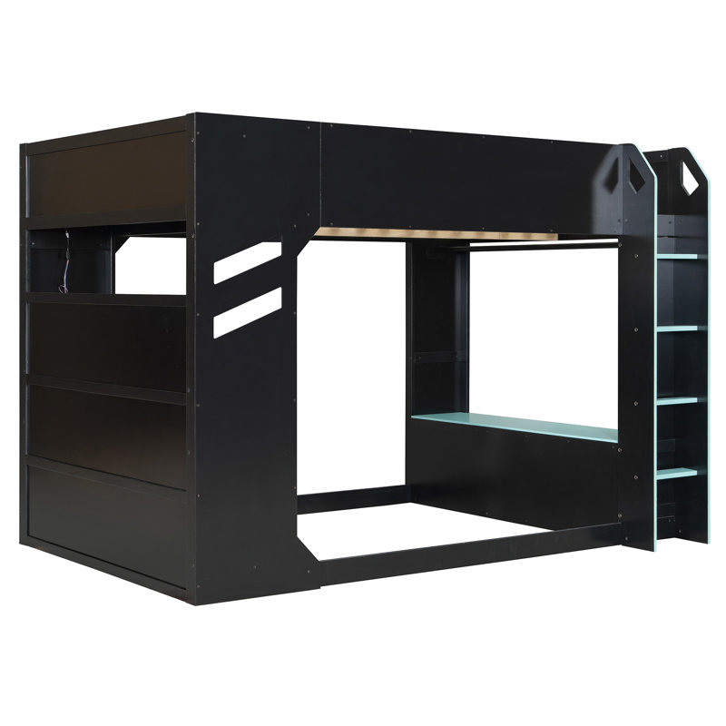 Lit mezzanine double en bois avec bureau réglable, tiroirs, rangement et lumières RVB, bleu, Blue