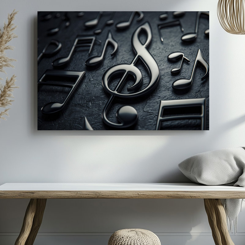 Toile, composition de gros plan avec art mural noir élégant et aigus sur fond de clé de sol et plusieurs notes de musique disposées sur toile sombre