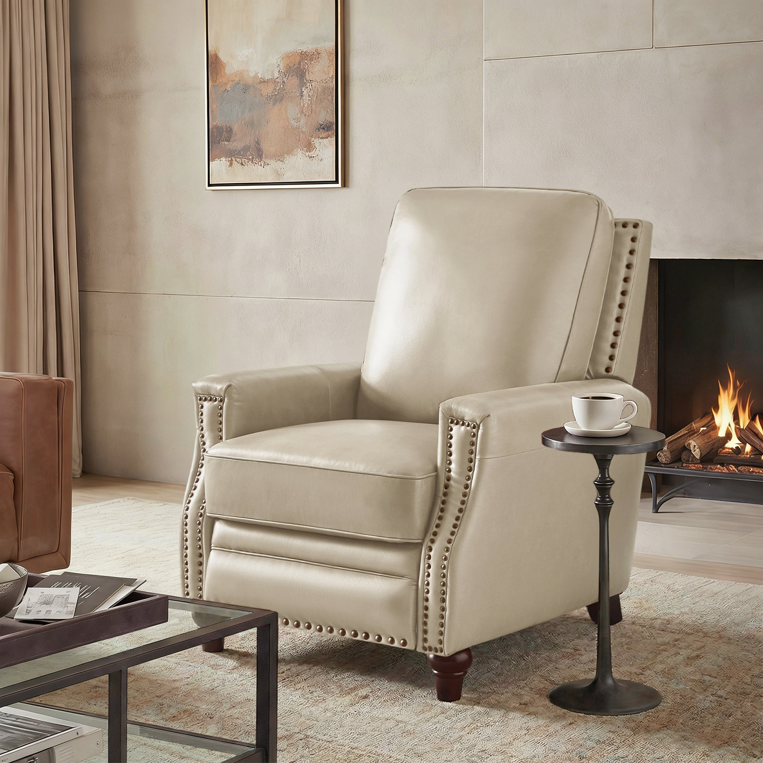 Andrena 33" Genuine Leather Manual Recliner, Beige Genuine Leather