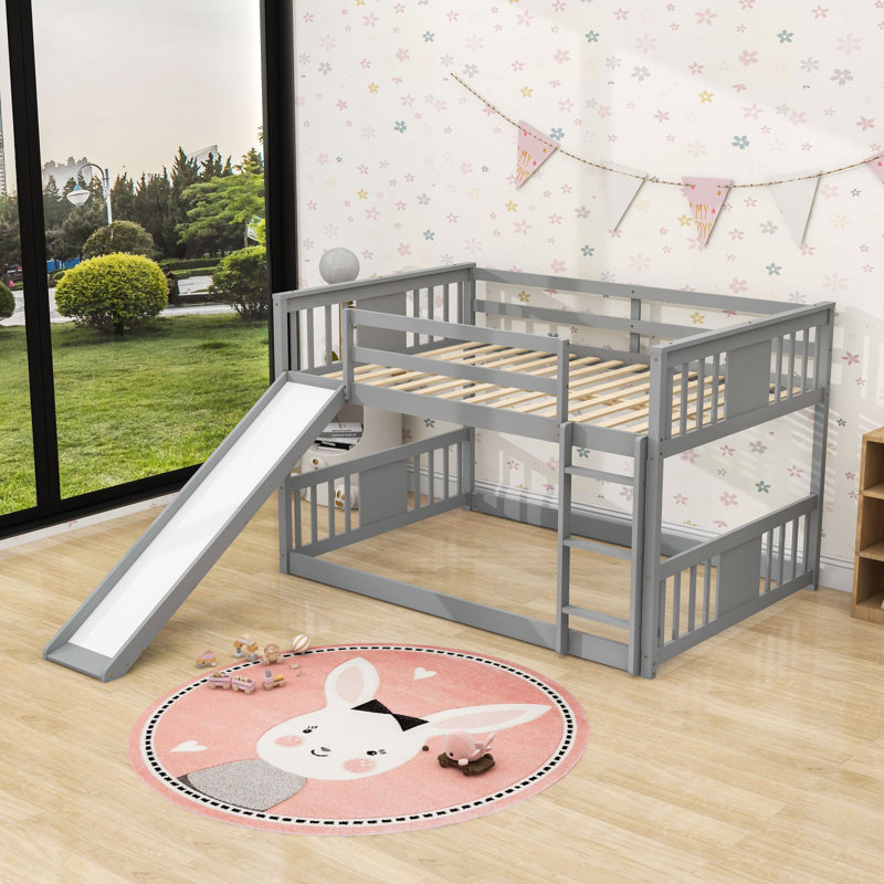 Full Over Full Wooden Standard Bunk Bed with Slide, Gray
