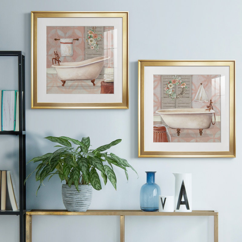 «Blush Bath I», ensemble de 2 reproductions sur toiles tendues, Papier avec cadre doré, Blanc, H 17,5 po x l 35 po x P 1,5 po