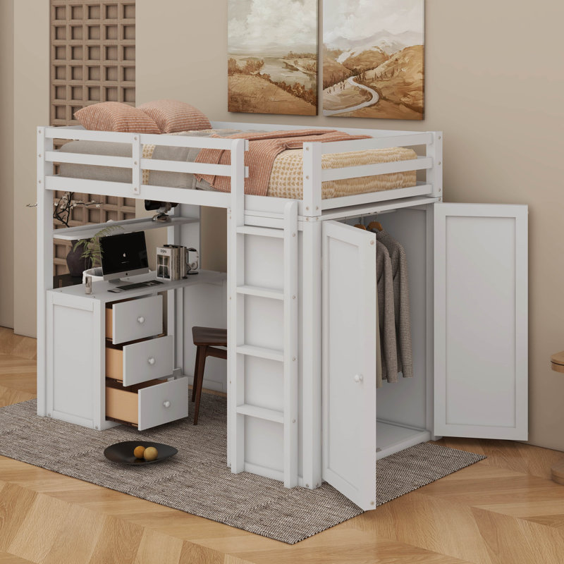 Lit mezzanine simple avec bureau, tiroirs et garde-robe, Blanc