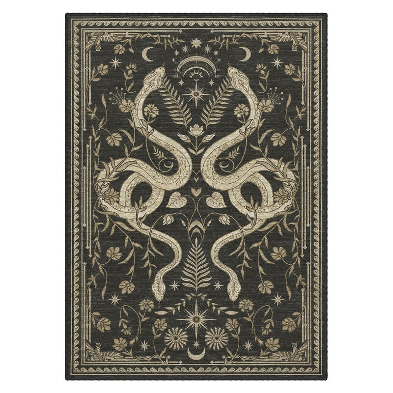 Animal Print Machine Washable Beige/Black/Green Indoor Area Rug With Non-Slip Backing, Rectangle 6' x 9'