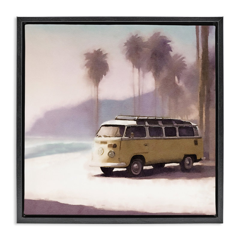 «Yellow Van on Beach», art mural sur toile flottante noire par Noah Bay, Cadre flottant noir de jais, H 18 po x l 18 po