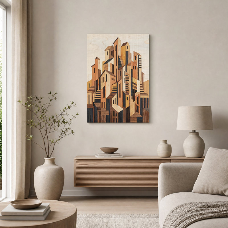 Tableau sur toile représentant des bâtiments géométriques en bois aux tons naturels, 40"H x 28"W