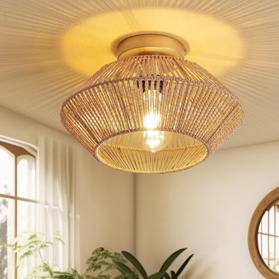 13 In. 1-light Boho Gold Drum Flush Mount Ceiling Light With Hand-woven Rattan Shade And No Bulbs Included For Kitchen
