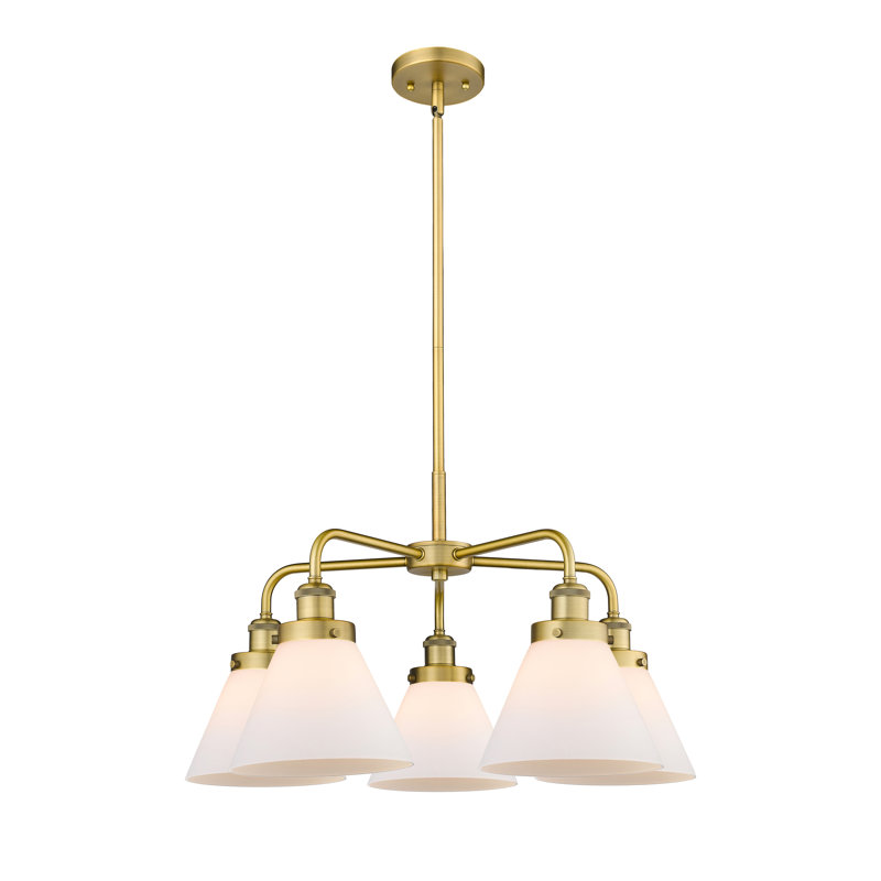Lustre suspendu 5 lumières Cone, Blanc mat, Laiton brossé