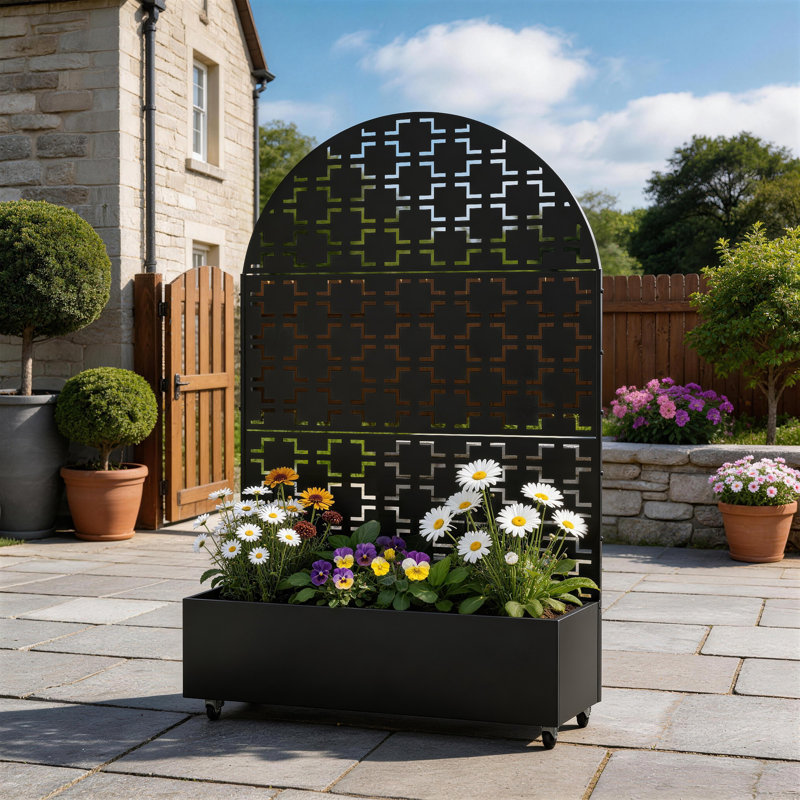 Metal Planter Box with Trellis and Wheels, 70.8" H x 47.2" W x 15.7" D