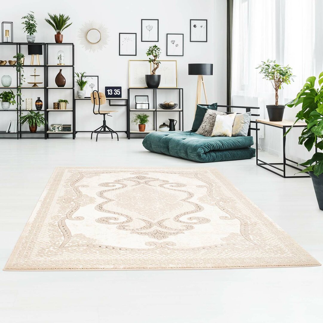 Teppich Klassisch Platin 7741 Beige Wohnzimmer Schlafzimmer Kurzflor Addyson