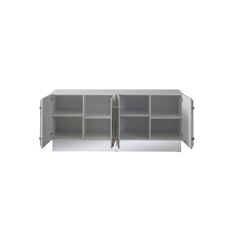 Callista 4-Door Sideboard with Art Deco Doors and Interior Shelves, White/Silver
