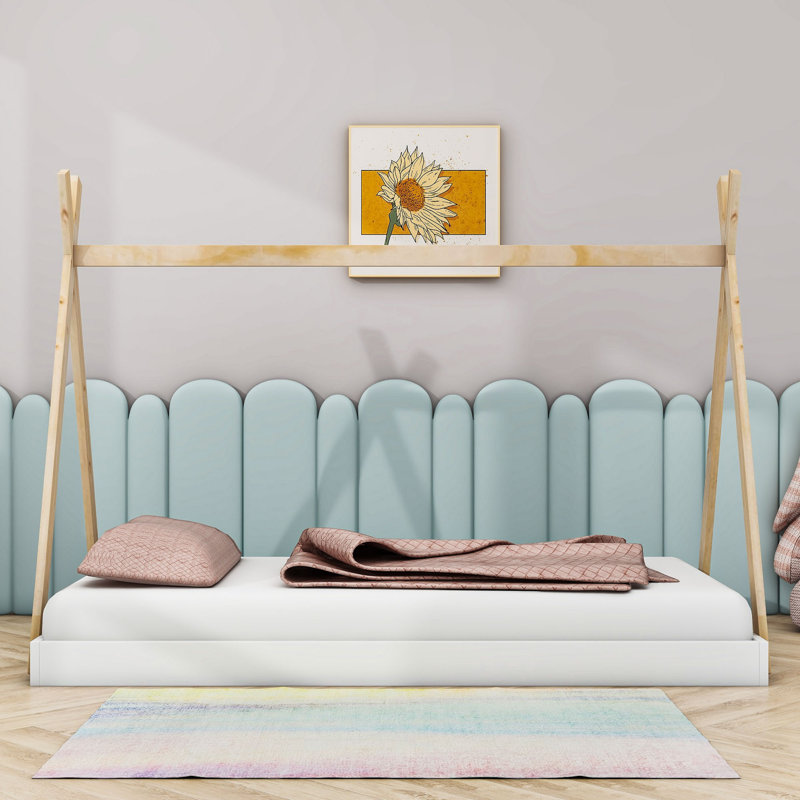 Twin Size Wooden Tent Floor Bed with Triangle Structure, White/Natural