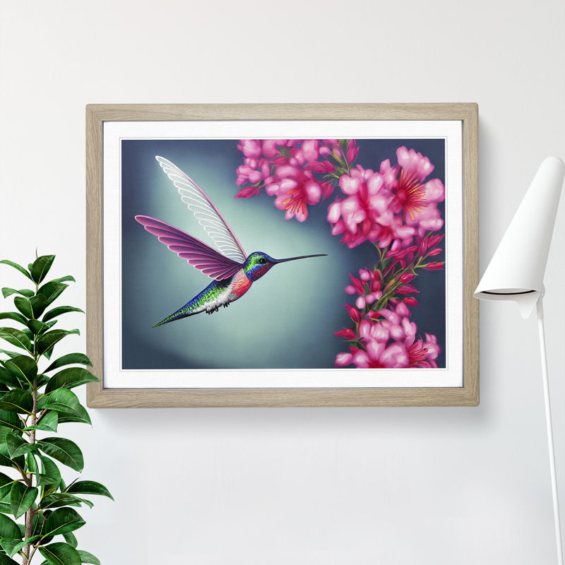 Floral Hummingbird - Framed Print, 46cm H x 64cm W x 2cm D, Oak Framed