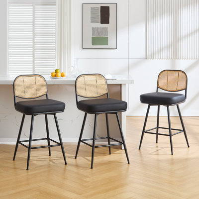 Upholstered Swivel Counter Stool With Rattan Backrest