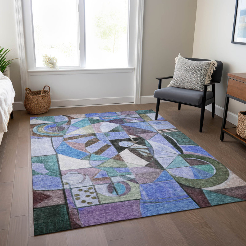 Machine Washable Indoor/Outdoor Xhevrie Green Rug, Rectangle 8' x 10'