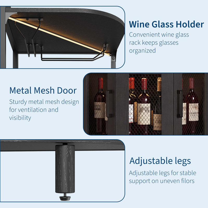 Meuble-bar de coin avec éclairage DEL et prises électriques, casier à vin à 5 niveaux et rangement pour verres, Noir