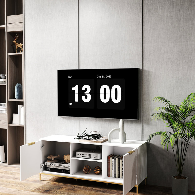 60 - 69 Inches Tv Stand With Wave Shaped Doors, Open Display Shelf For , Adjustable Interior Shelf, White And Gold Legged Cabinet Living Space Stylish Suitable Inches, Pattern Middle Essentials,