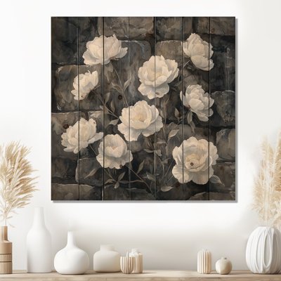 Monochrome Peonies On The Rock I - Peonies Wood Wall Art - On Natural Pine Wood