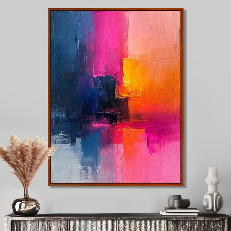 Fuchsia Sunrise - reproduction d'art abstrait mural, H 32 po x l 16 po x P 1 po, Toile avec cadre flottant brun