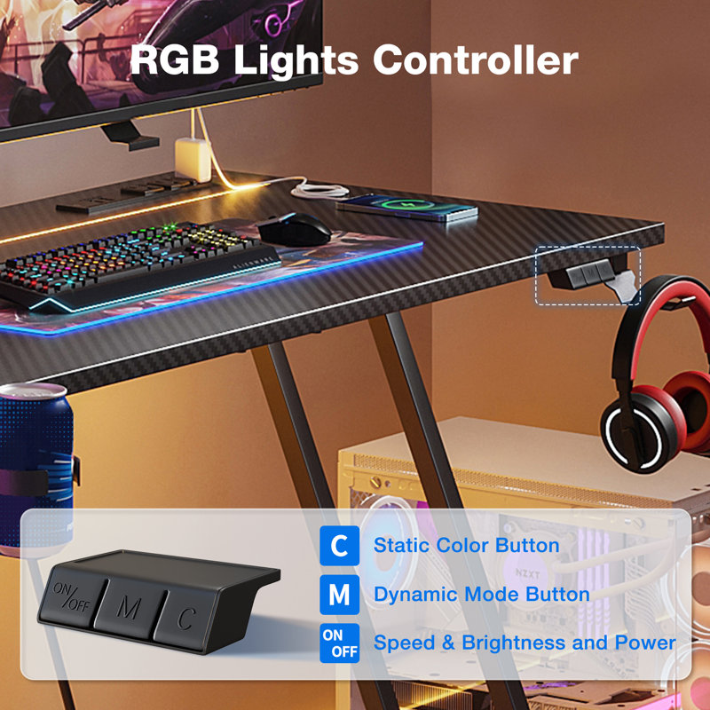 Gaming Desk With Recessed Led Lights, Computer Desk With Reversible Led Lights Controller, Home Office Desk With Built-in Power Outlets,writing Desk With Cup Holder And Iron Hook
