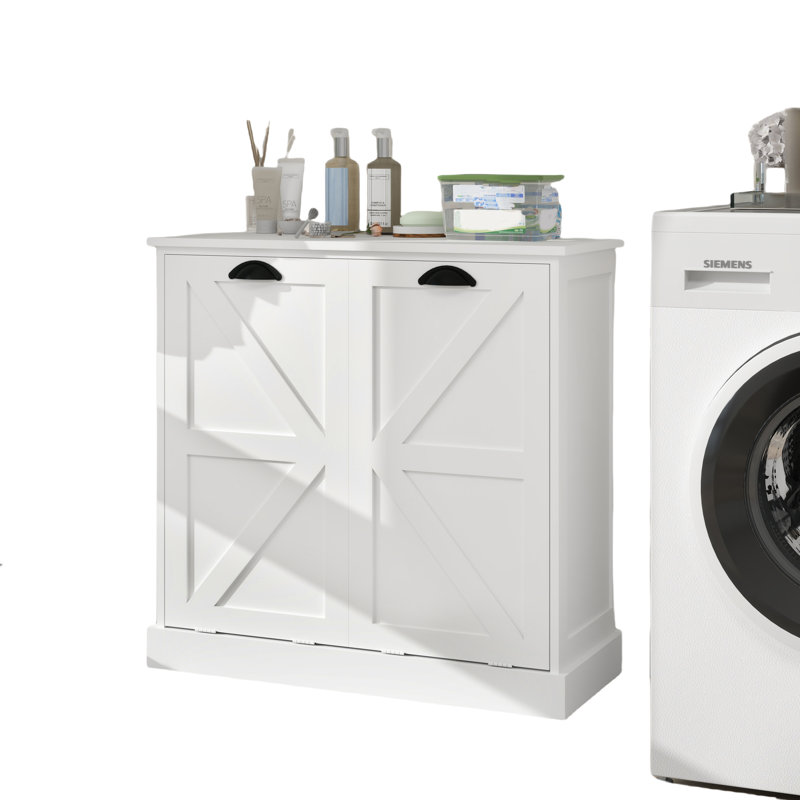Two-Compartment Tilt-Out Laundry Sorter Cabinet-White