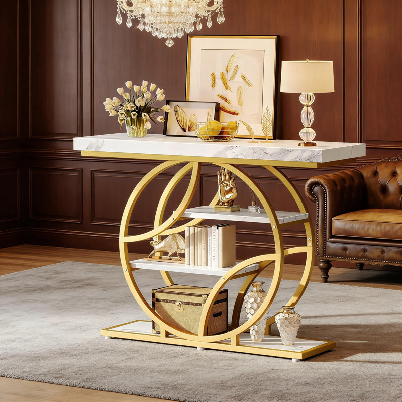 Table de comptoir en marbre blanc avec bordure dorée, table d'entrée moderne à cadre en O de 41,3 pouces avec tablettes, convenant à la fois au canapé et au vestibule.