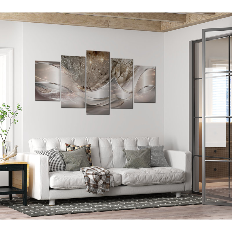 Pissenlits mousseux beiges 5 pièces sur toile, 5 pièces, H 40 po x l 80 po x P 0,7 po
