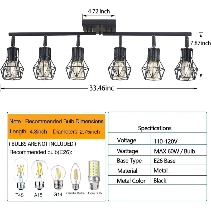 Matte Black Ceiling Mount Track Lighting 6-Light E26 for Kitchen