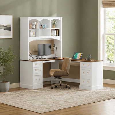 L-Shaped Farmhouse Corner Desk with Arched Hutch, Charging Station & Keyboard Tray