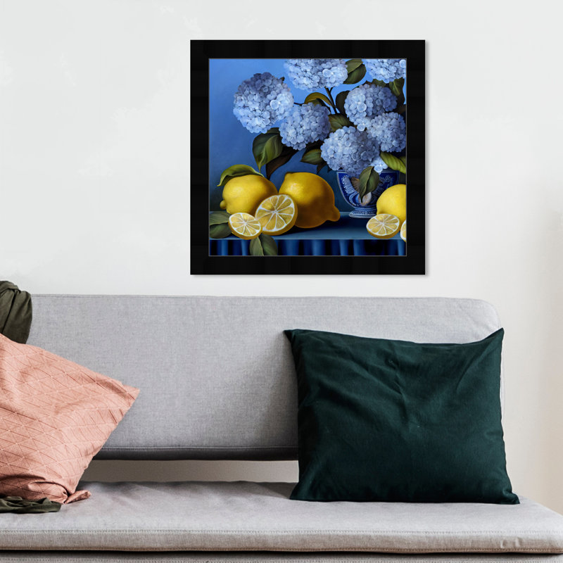 «Hydrangeas and Lemons Vase», cadre photo, Cadre noir, H 14 po x l 14 po