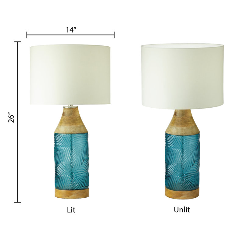 26"H Ajami Palm Leaf Glass Design and Mango Wood Table Lamp, Brown