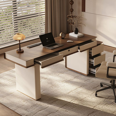 Bureau rectangulaire à 6 tiroirs en bois manufacturé brun noisette + kaki clair