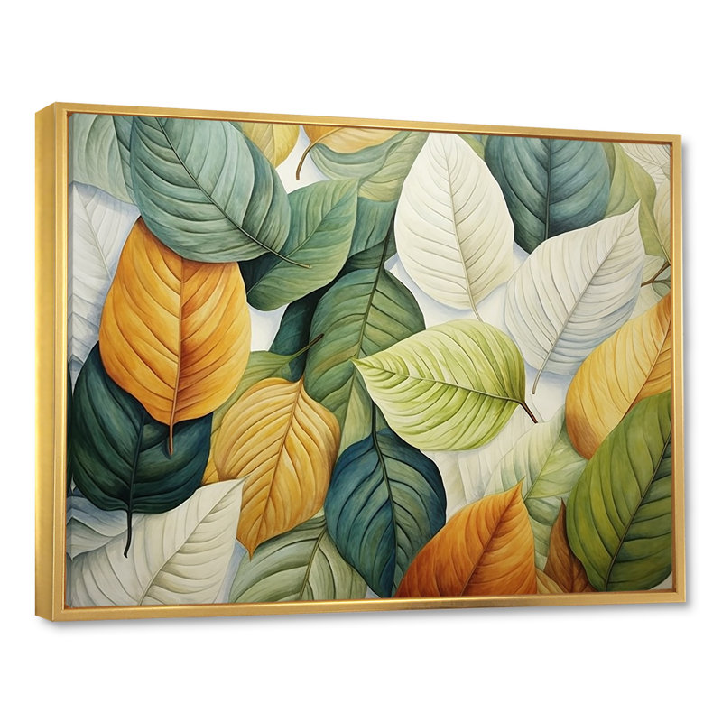 Feuilles vertes et jaunes Tranquility II - feuilles, art mural, 12" H x 20" W, Cadre flottant doré