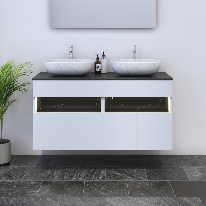 Meuble-lavabo double 47,2 po avec comptoir Lieke, Noir, Blanc