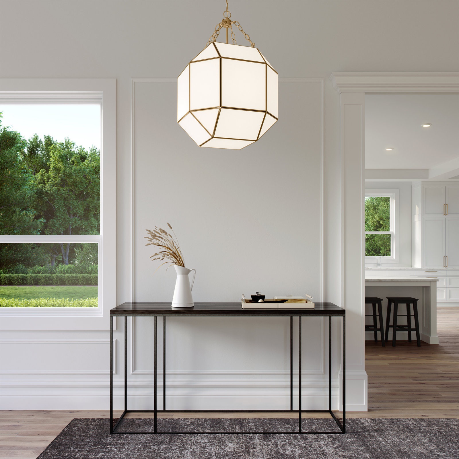 Reid 3 Light Glass Dimmable Pendant, 27.25" H x 18.5" W x 18.5" D, Satin Brass, White