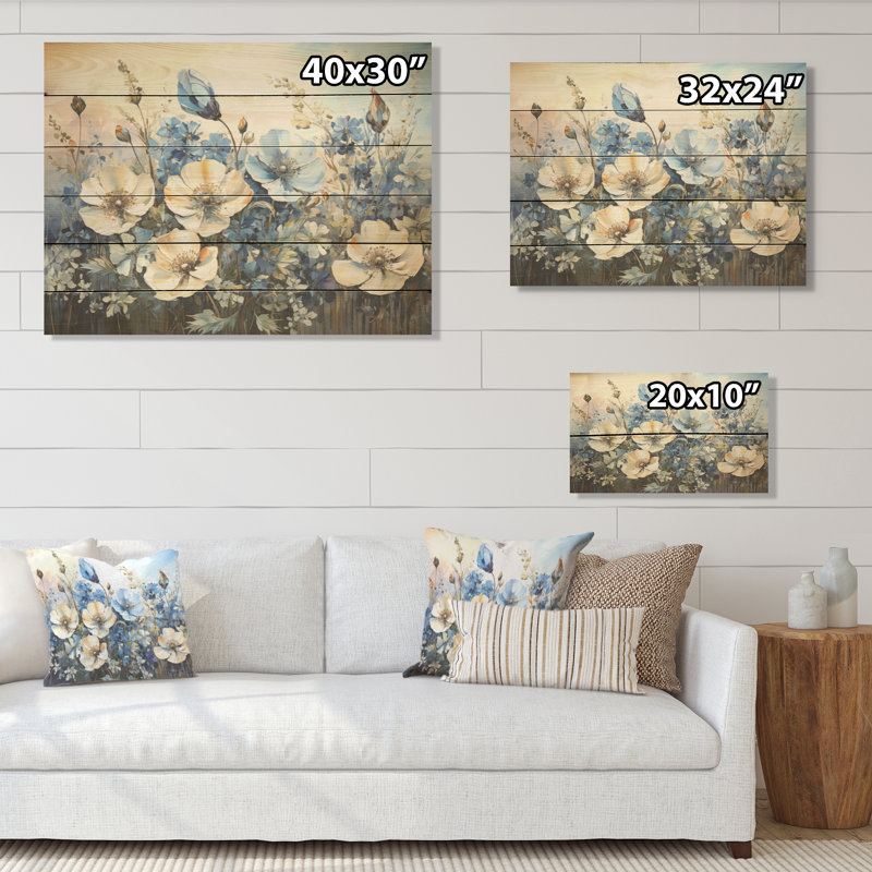 White And Blue Bonnets Country Charm - Flowers Wood Wall Art On Natural Pine Wood, 30" H x 40" W