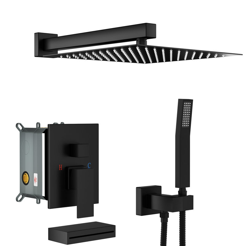 Shower System With Waterfall Tub Spout In Matte Black & 12 Inch Wall Mounted Square Rain For Comfortable Showers Happy Bath Experience