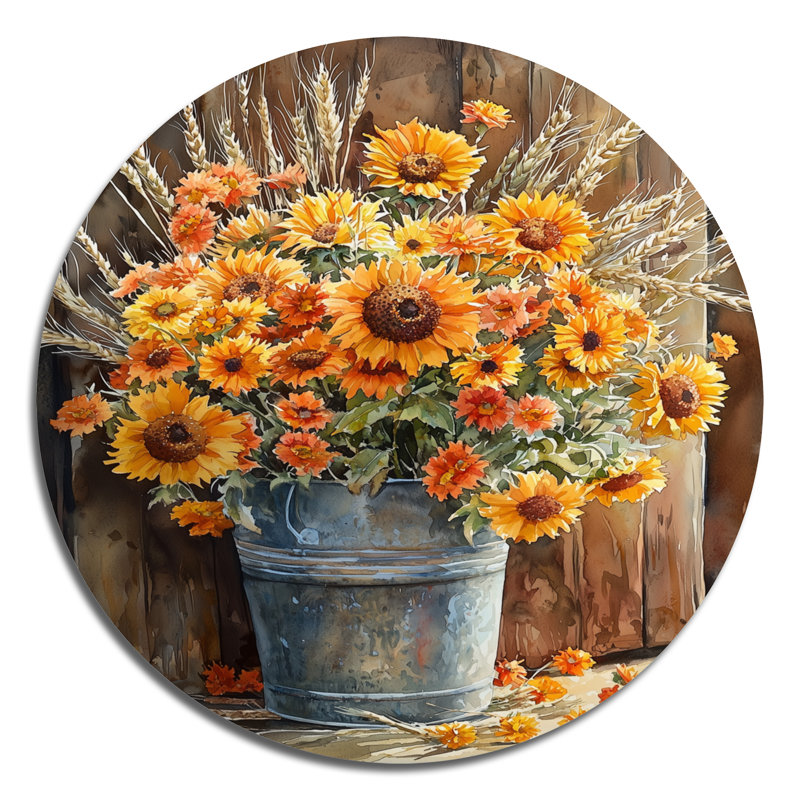 Petrovich - Tournesols, art mural rond en métal, H 36 po x l 36 po