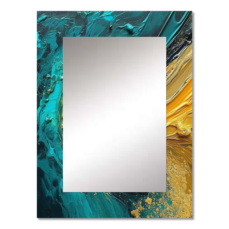 Coucher de soleil doré sur fond bleu sarcelle abstrait peinture I - peinture abstraite grand miroir, miroir mural décoratif moderne, impression sur métal