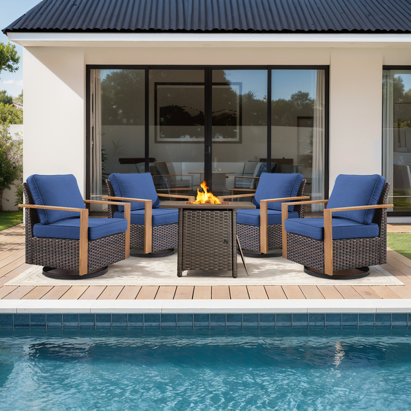 Drazen 4 - Person Patio Furniture Set With Fire Pit Table, All-Weather Wicker Outdoor Conversation Set With Chair And Thick Cushions