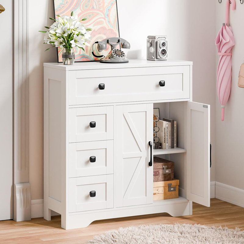 Armoire de rangement Farmhouse avec 2 portes et 4 tiroirs pour le salon / salle de bain, Blanc unique