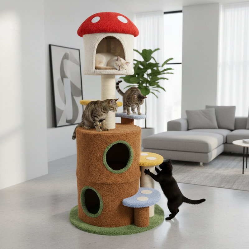 Arbre à chat champignon avec grand condo et échelle plateforme