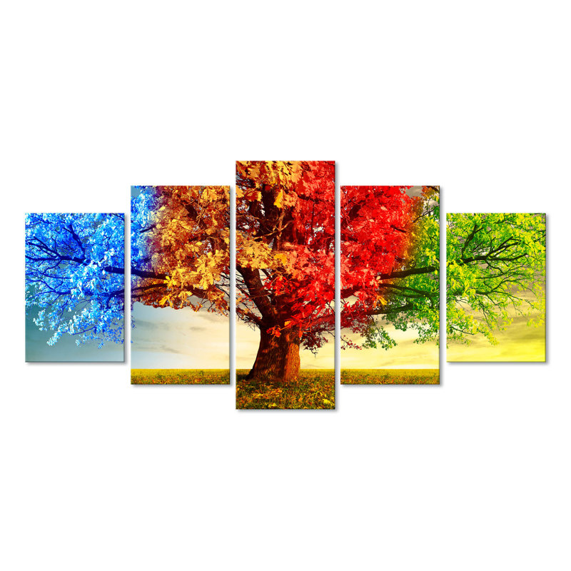 Landscape Trees Four Stations - 5 Piece No Frame Print on Canvas, 100cm H x 200cm W