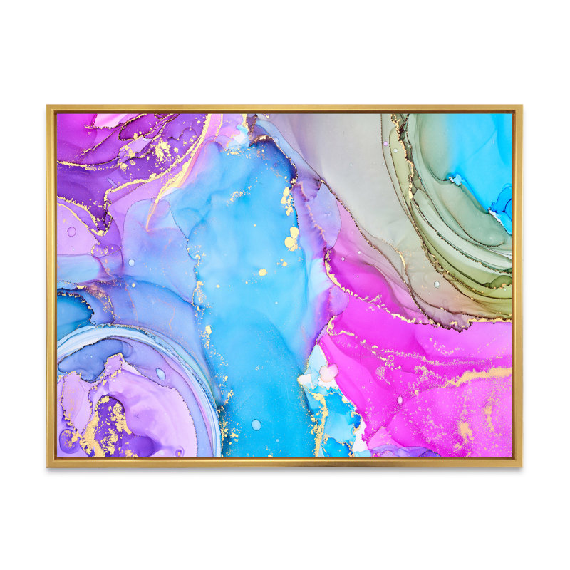 Turquoise et rose luxueux abstrait, peinture sur toile, H 30 po x l 40 po x P 1,5 po, Cadre flottant doré