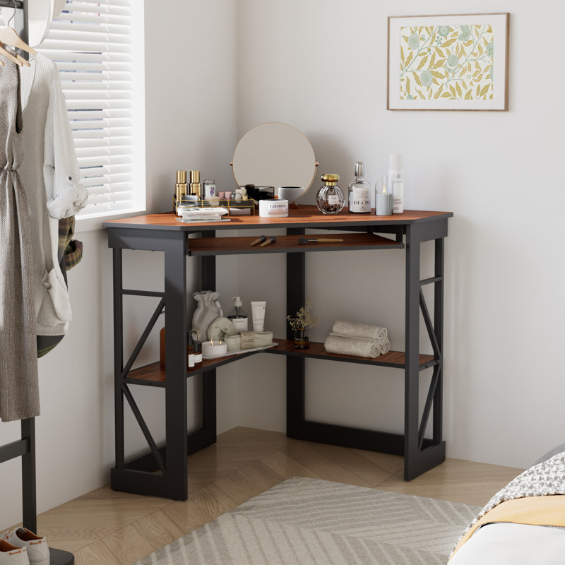 Bureau en coin Lambrecht avec tablettes de rangement, bureau d'ordinateur triangulaire avec plateau à clavier et étagères pour petits espaces, bureau d'écriture compact à 90 degrés pour bureau d'ordinateur personnel, salon, chambre à coucher