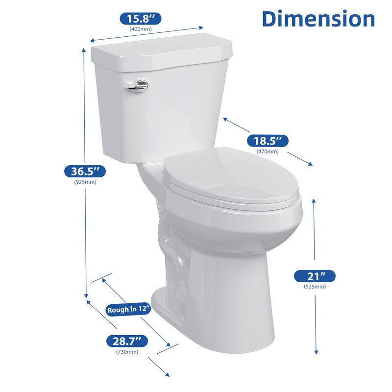 Toilette allongée deux pièces, chasse à pression latérale, hauteur ADA 19 po, chasse brute 12 po, chasse puissante et couvercle à fermeture silencieuse
