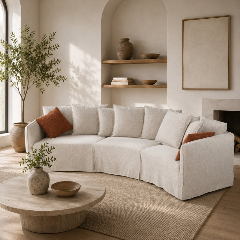 Modern Curved Sofa, Linen Removable Slipcover, Solid Wood Frame And Throw Pillows
