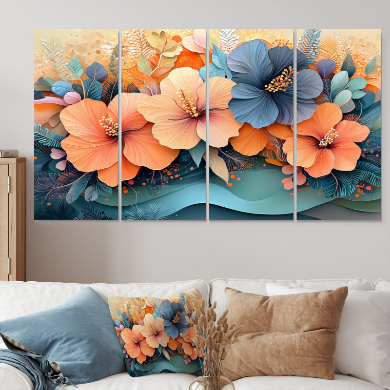 Hibiscus tropical dans une symphonie côtière II - art mural hibiscus - décoration murale traditionnelle, H 28 po x l 48 po, 4