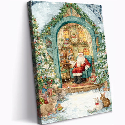 Abiella - Cozy Santa Winter Scene, reproduction d'art sur toile, œuvre d'art campagnarde des Fêtes, affiche de fête pour décoration de Noël dans le salon, prête à être suspendue, 12 po x 16 po